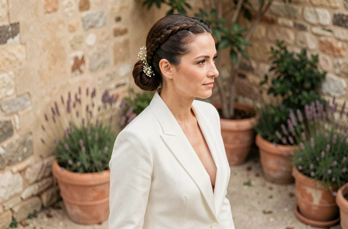 Tresse relevée structurée avec volume et fleurs séchées blanches pour une mariée aux cheveux fins en tenue moderne