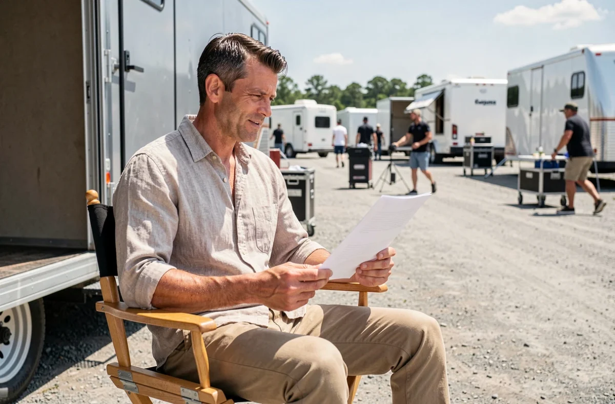Comédien révisant son script dans une chaise de réalisateur sur un plateau extérieur de production cinématographique