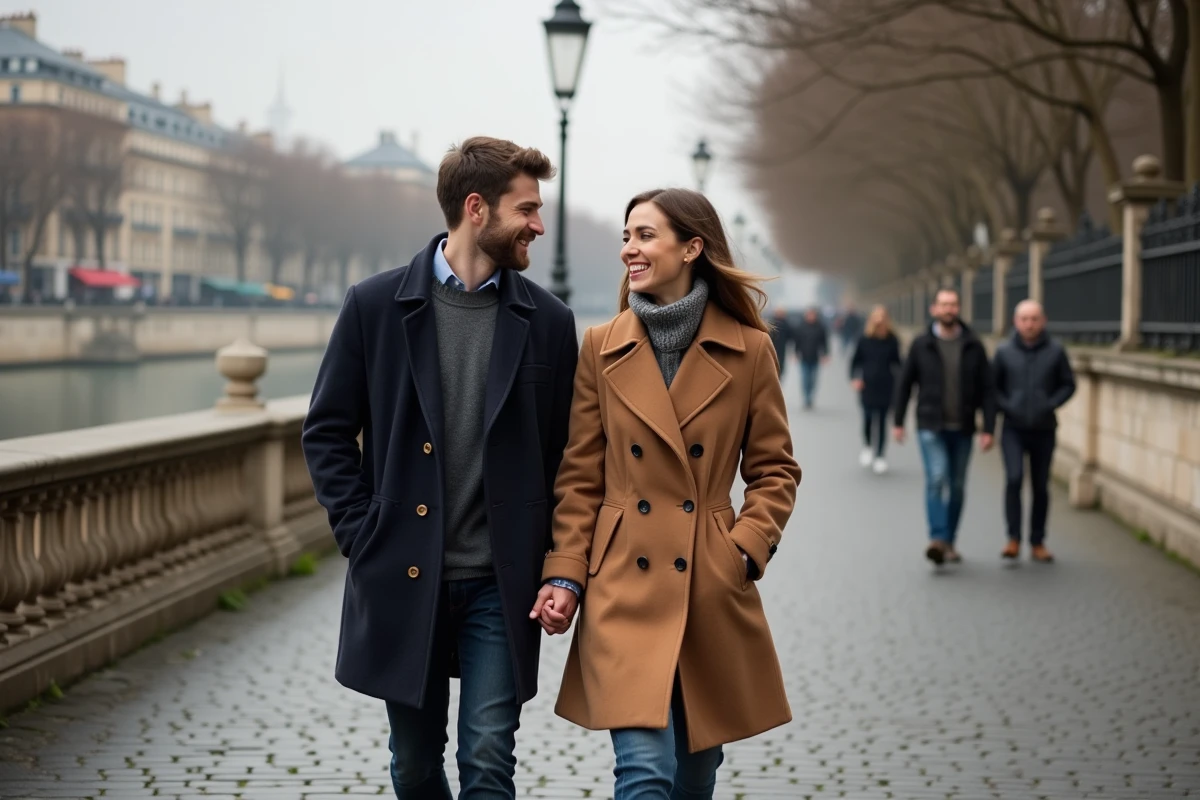 Couple se promenant au bord de la Seine à Paris, symbolisant la vie amoureuse et le compagnon de Pauline Sanzey