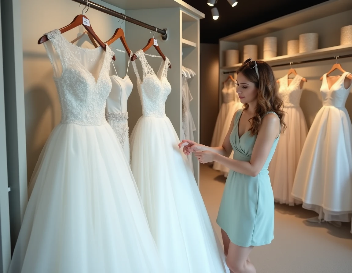 Femme comparant une robe de mariée à acheter sur mesure et une robe en location dans une boutique de mariage
