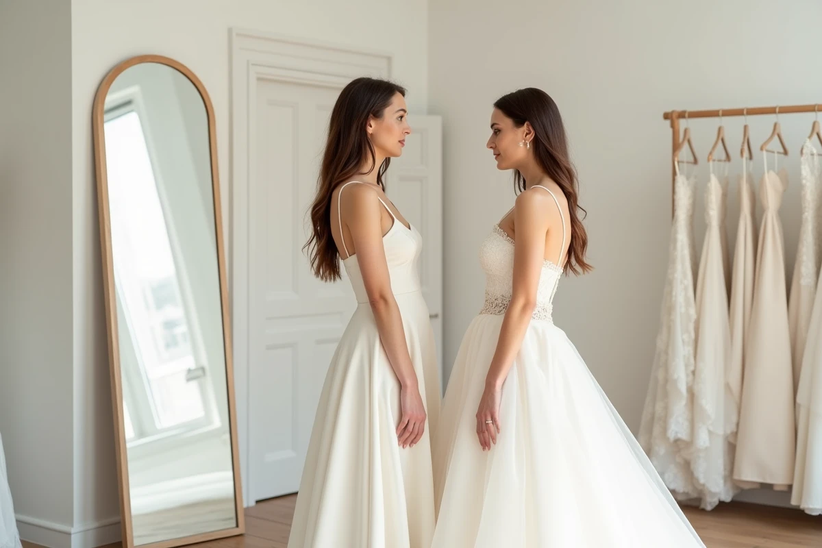 Deux femmes en robe de mariée bohème et princesse se regardant dans un miroir de boutique, comparaison des silhouettes selon la morphologie
