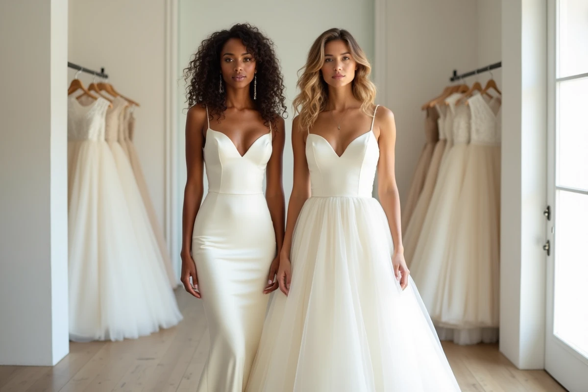 Deux femmes aux carnations différentes portant des robes de mariée ivoire dans une boutique bridal, comparaison couleurs selon la peau