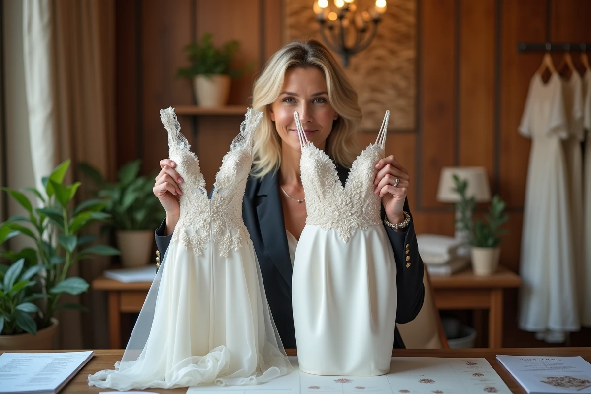 Styliste en mariage présentant deux robes de mariée aux styles et prix contrastés lors d'une consultation en boutique, illustrant l'influence du style sur le coût