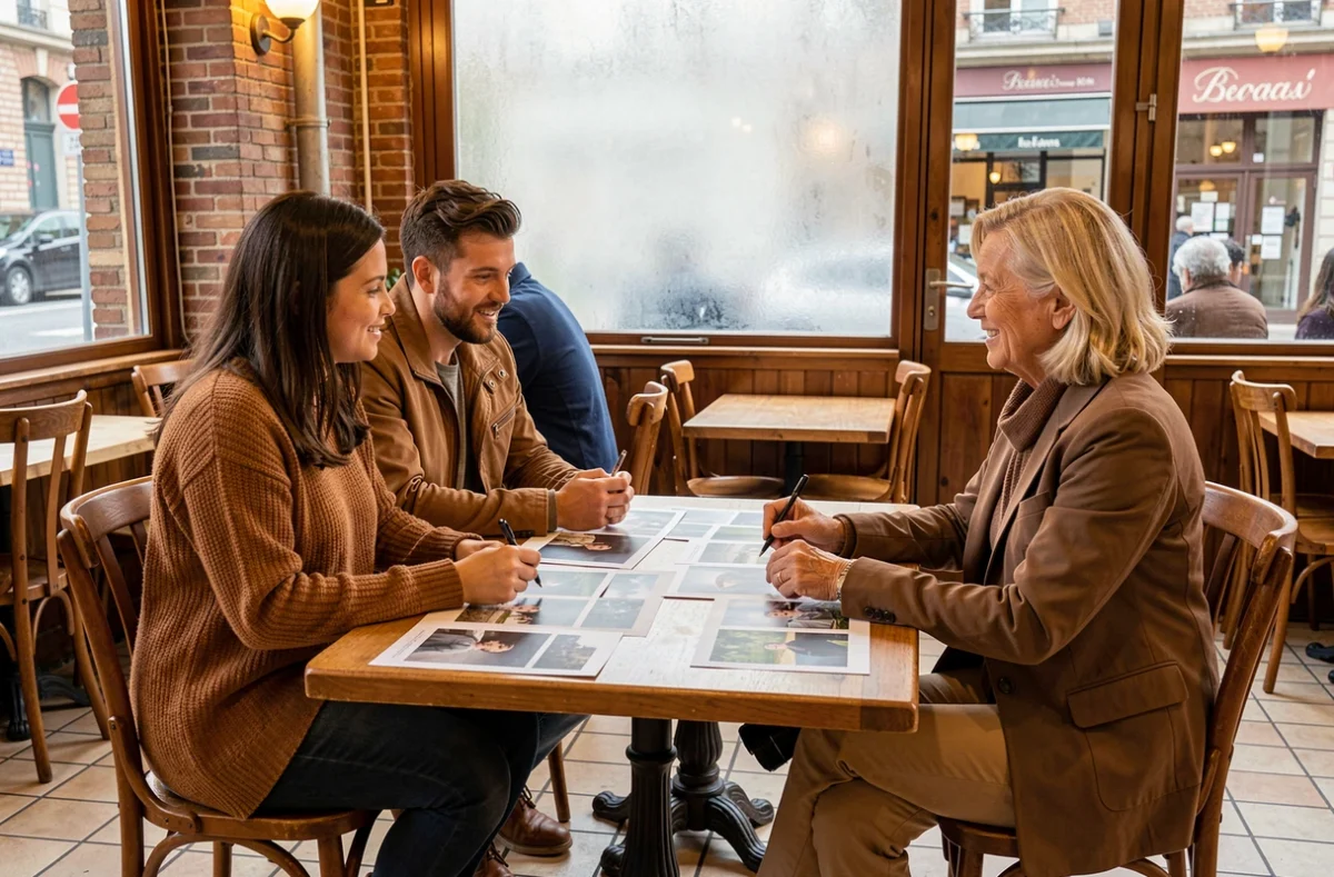 Couple consultant une photographe professionnelle dans un café à Beauvais pour un projet photo