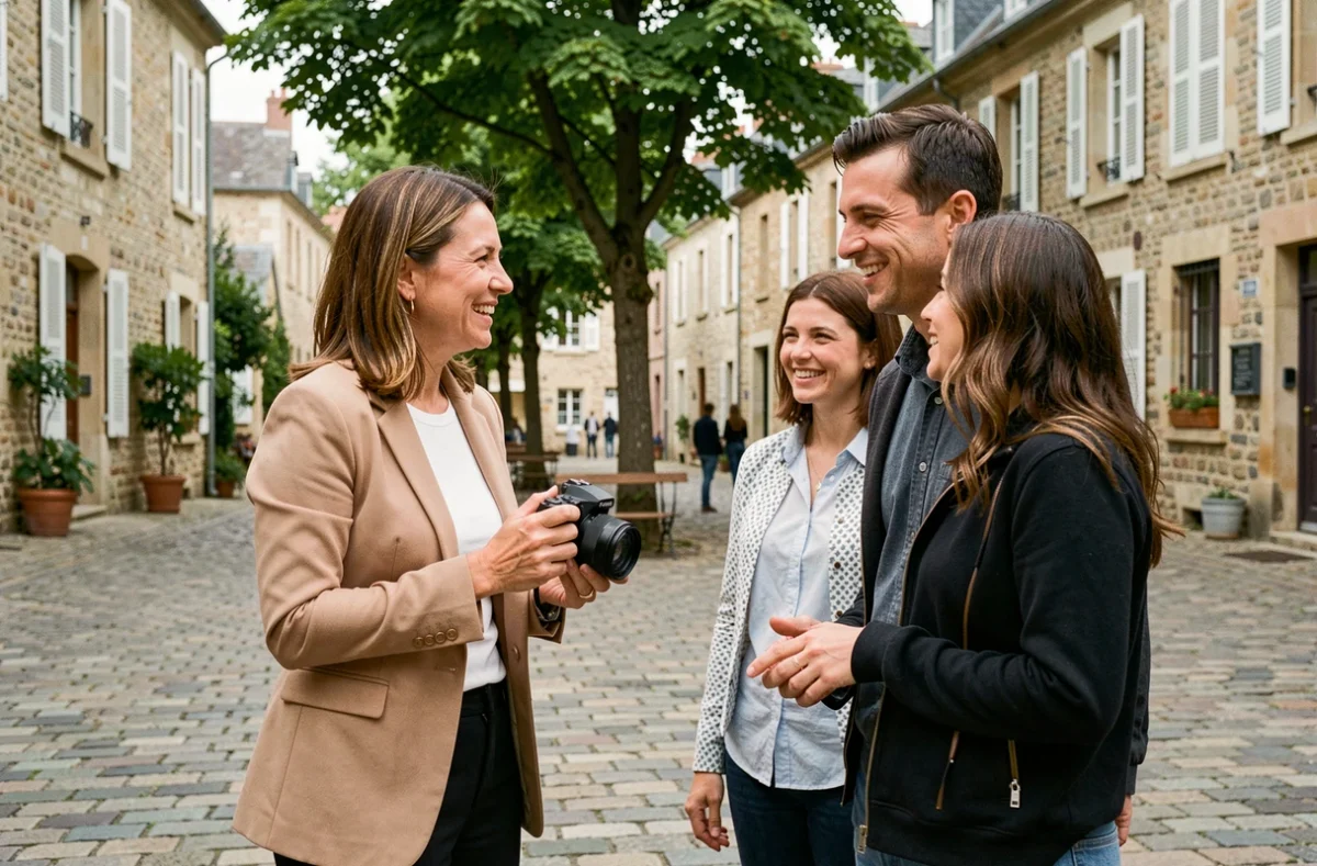 Photographe professionnelle en consultation avec un couple dans une rue de Bolbec