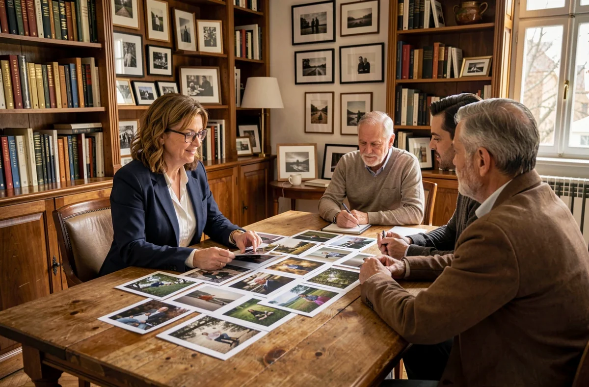 Photographe en consultation avec des clients dans un studio photo à Montereau-Fault-Yonne, examinant un portfolio imprimé