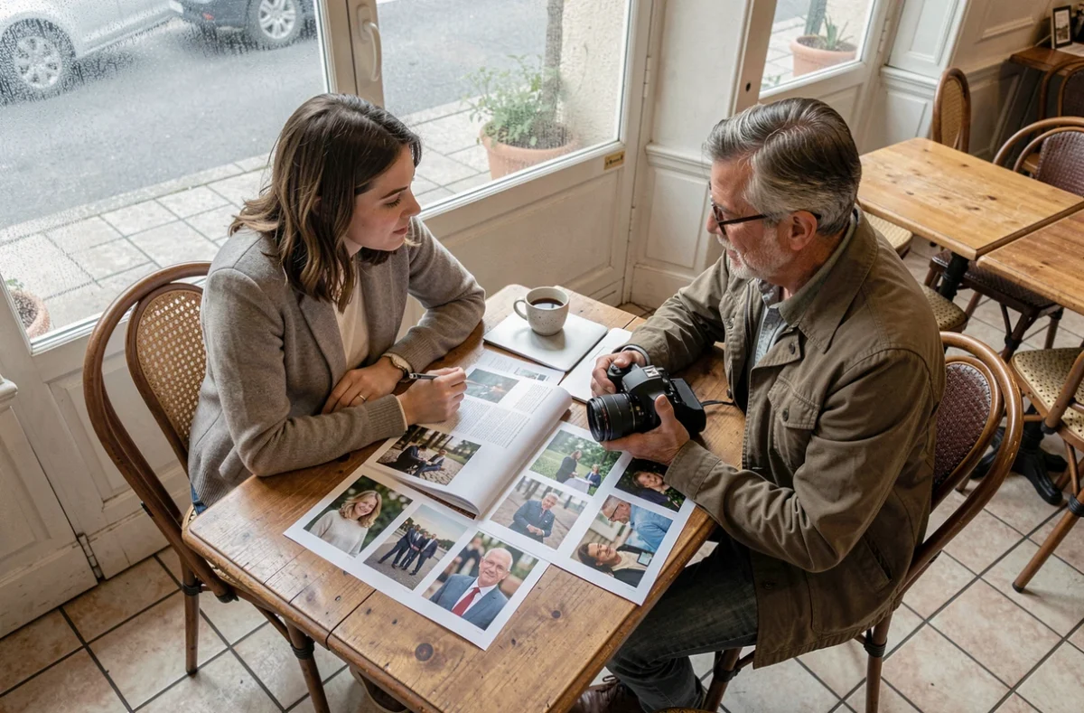Deux photographes professionnels discutant d'un portfolio lors d'une réunion dans un café à Colombes