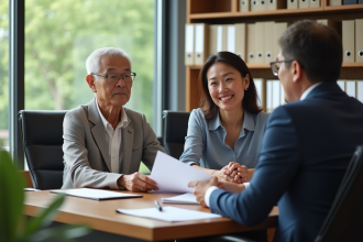 Couple d'adultes discutant avec un agent municipal en mairie