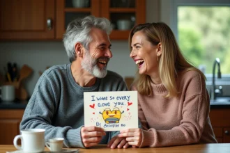 Couple souriant avec carte anniversaire faite main