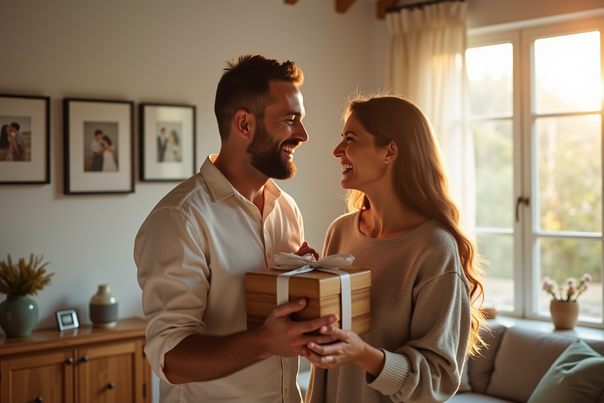 Couple heureux échangeant des cadeaux en bois dans un salon lumineux