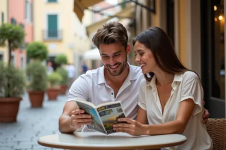 Jeune couple souriant avec brochure de voyage en terrasse