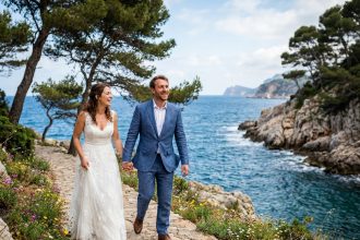 Couple heureux marche sur la côte méditerranéenne en robe blanche