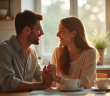 Jeune couple souriant à la cuisine au matin