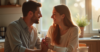 Se renouveler après 1 an de mariage : 7 conseils pour raviver la flamme Jeune couple souriant à la cuisine au matin