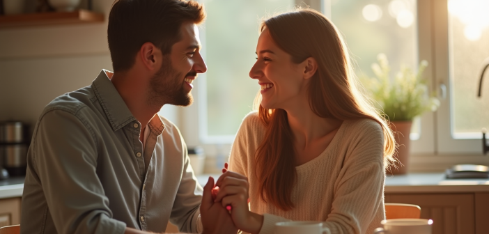 Jeune couple souriant à la cuisine au matin