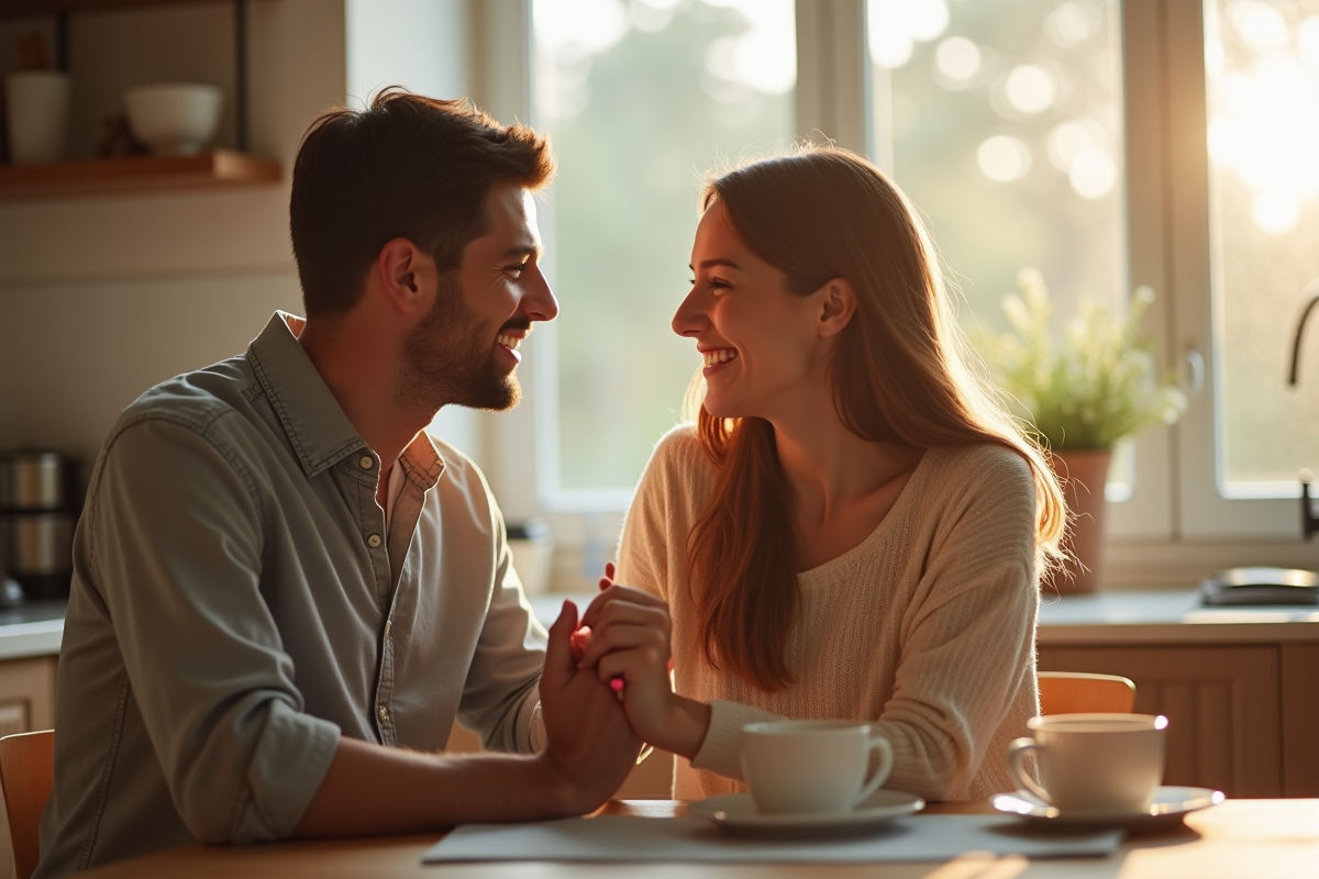 Jeune couple souriant à la cuisine au matin