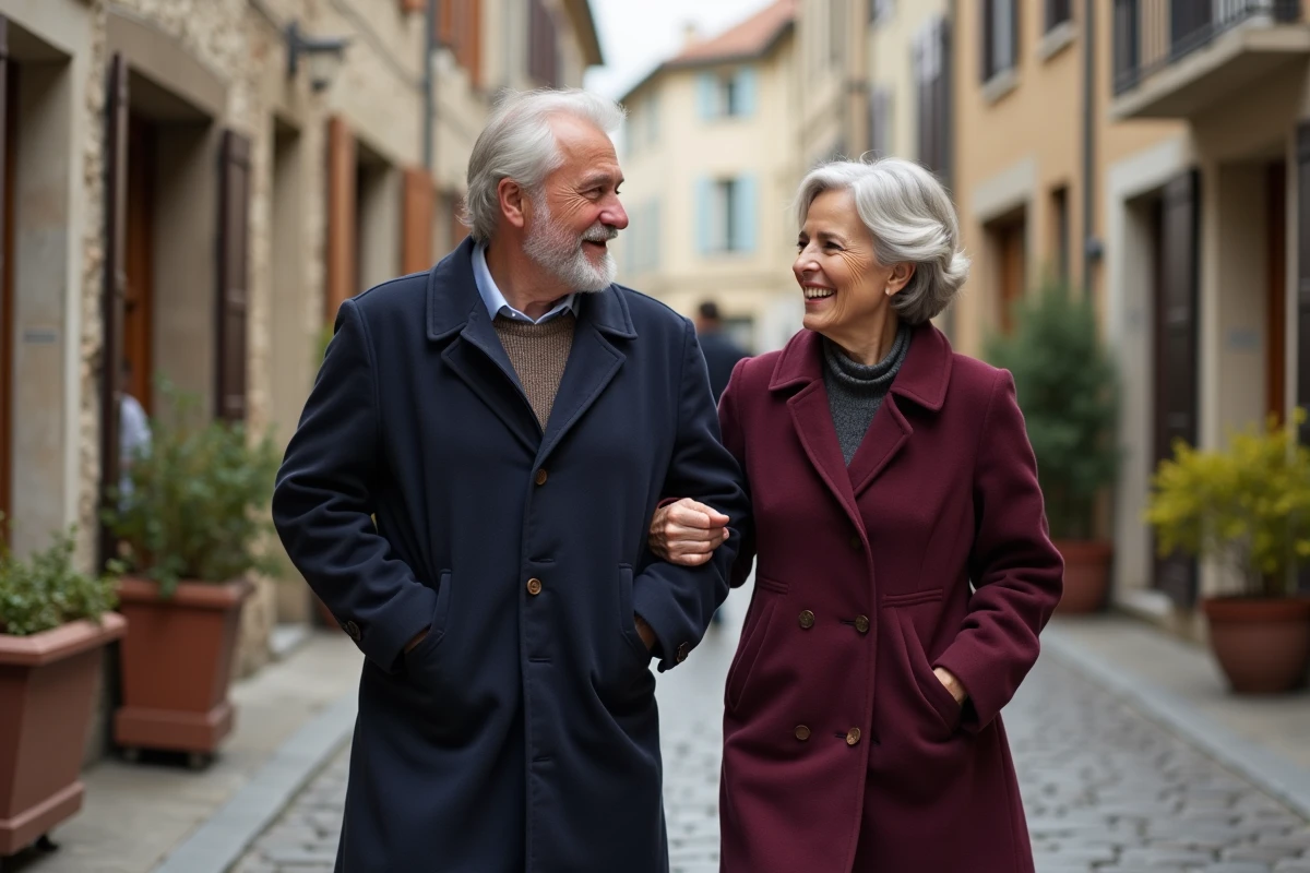 Un couple discret se promenant dans une rue pavée de province française, illustrant la vie intime loin des médias