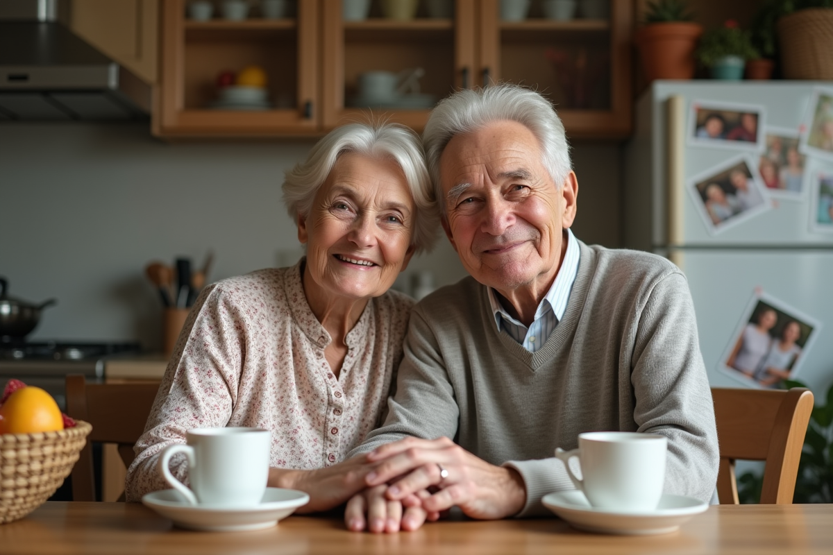 Couple âgé souriant à la table de cuisine dans leur maison