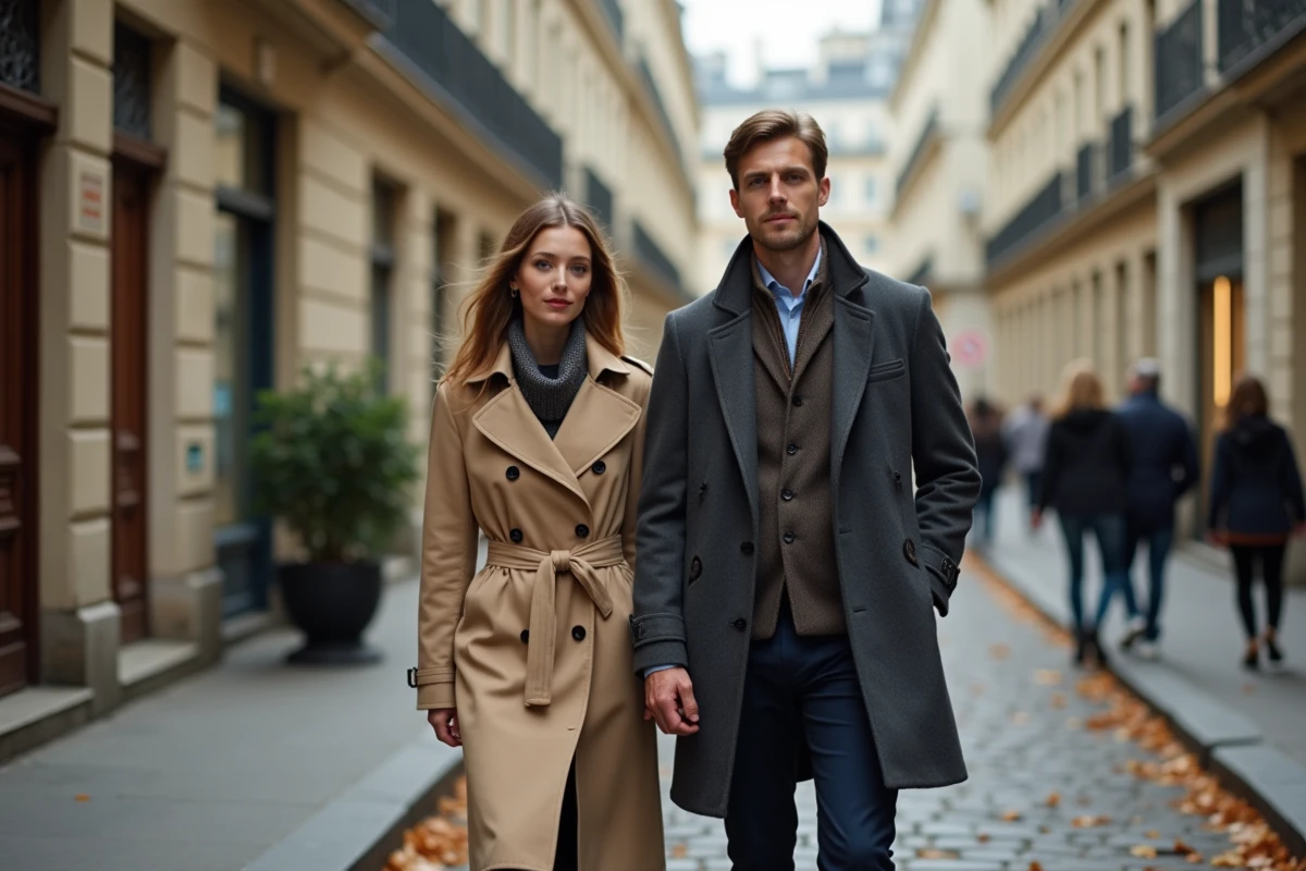Couple élégant marchant discrètement dans une rue pavée parisienne en automne, illustrant l'intérêt du public pour Samantha de Bendern et son mari