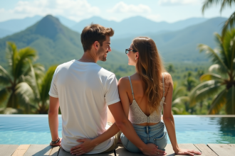Jeune couple au bord d'une piscine à débordement dans un paysage tropical