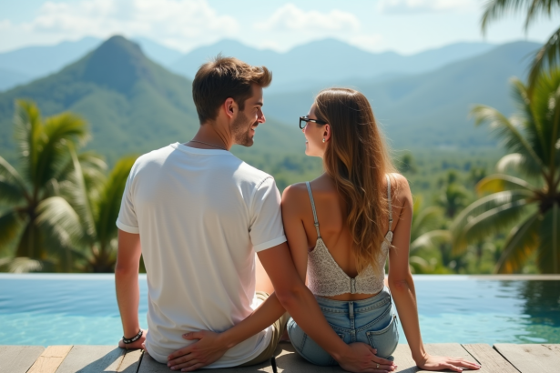 Jeune couple au bord d'une piscine à débordement dans un paysage tropical