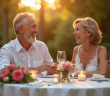 Couple mature riant lors d'un dîner en plein air