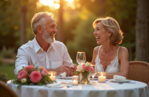 Couple mature riant lors d'un dîner en plein air
