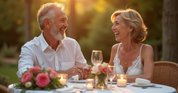 Couple mature riant lors d'un dîner en plein air