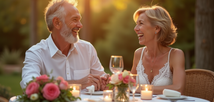 Couple mature riant lors d'un dîner en plein air