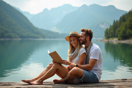 Jeune couple souriant sur un pont en bois au bord du lac
