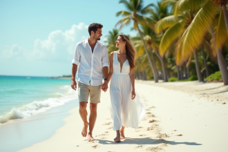 Jeune couple de lune de miel sur plage tropicale