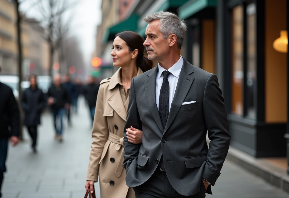 Homme en costume marche avec femme en trench dans la ville