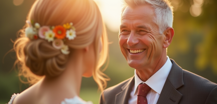 Couple souriant échangeant leurs vœux en extérieur