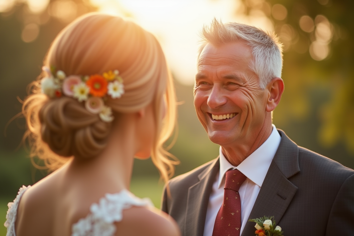 Couple souriant échangeant leurs vœux en extérieur