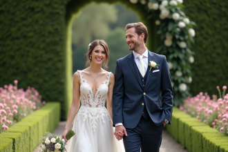 Jeune couple marié dans un jardin fleuri lors de la cérémonie