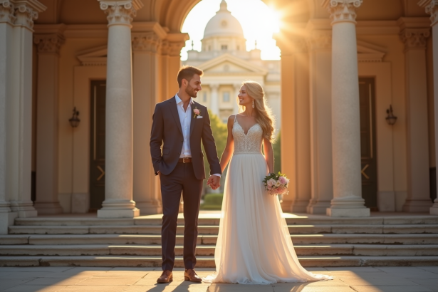 Couple heureux devant la mairie en tenue de mariage