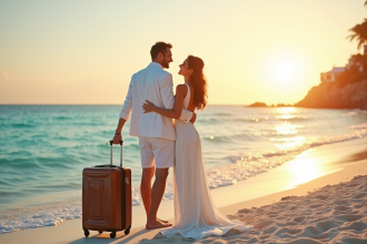 Jeune couple marié sur la plage au coucher de soleil