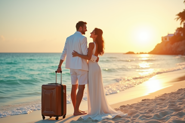 Jeune couple marié sur la plage au coucher de soleil