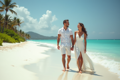 Jeune couple souriant sur la plage tropicale en vacances