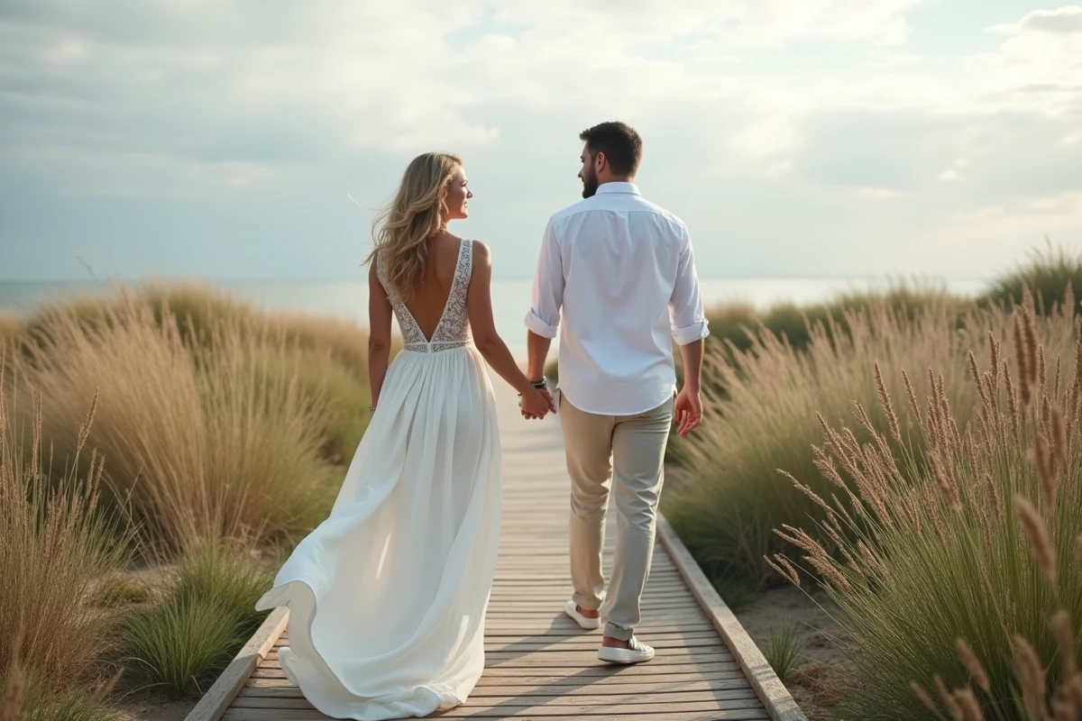Couple de mariés sur la jetée en bord de mer