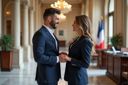 Couple gay en costume lors d'une union à la mairie