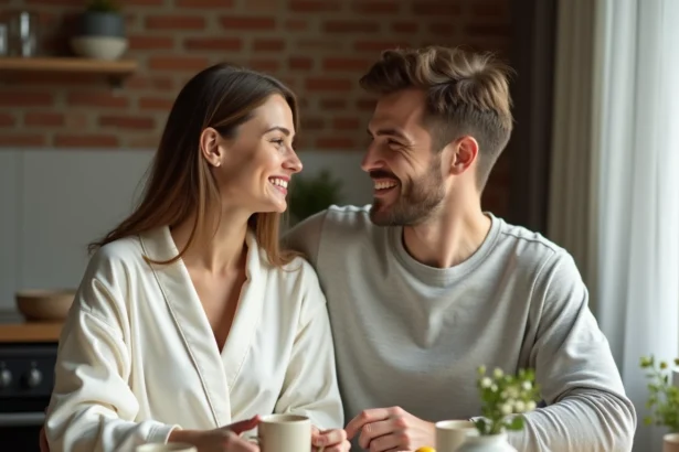 Jeune couple marié depuis 2 mois partageant un petit-déjeuner intime dans leur cuisine, atmosphère douce et naturelle symbolisant les premières noces de mariage