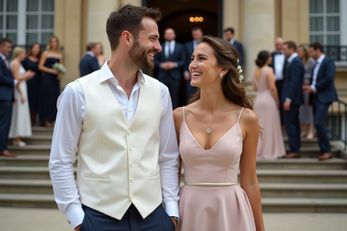 Couple de mariés souriants devant une mairie parisienne, marié portant un gilet blanc élégant