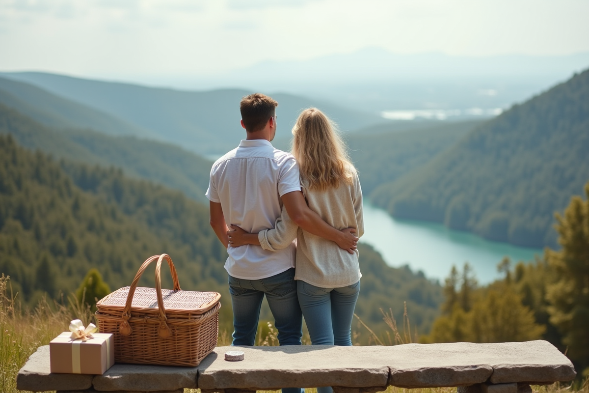 Couple marié en plein air avec paysage de collines
