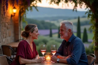 Couple fêtant 35 ans de mariage sur une terrasse en pierre en Provence au coucher du soleil