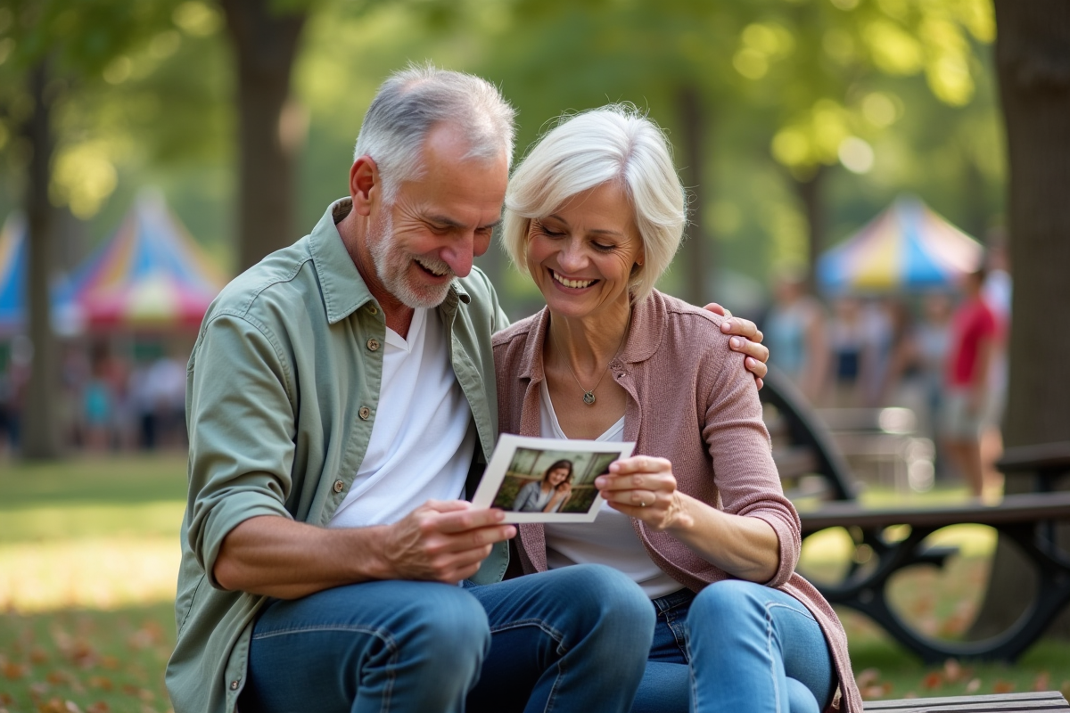 Couple souriant regardant une photo de photobooth en plein air