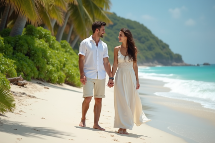 Jeune couple sur la plage de sable blanc en vacances