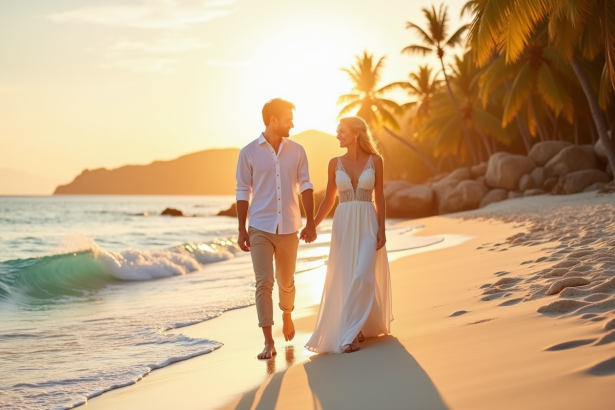 Couple heureux marchant sur la plage tropicale au coucher du soleil