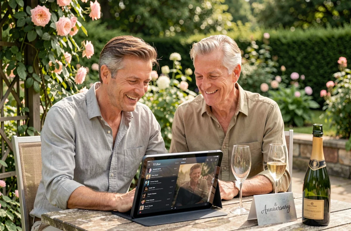 Couple préparant leur playlist de noces d'argent sur une tablette attablés en terrasse avec une coupe de champagne