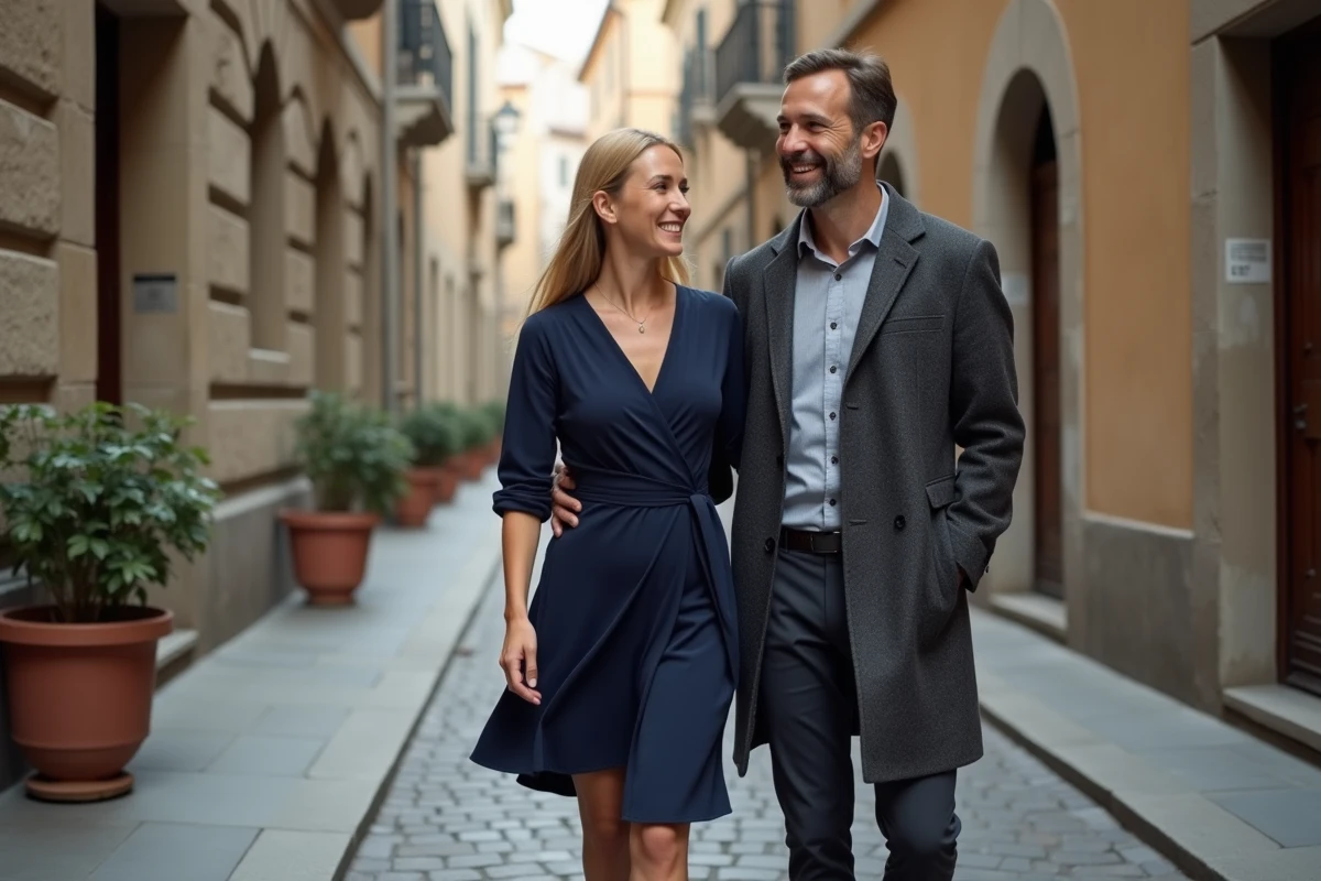 Couple élégant se promenant sur une rue pavée européenne, ambiance décontractée évoquant une relation publique